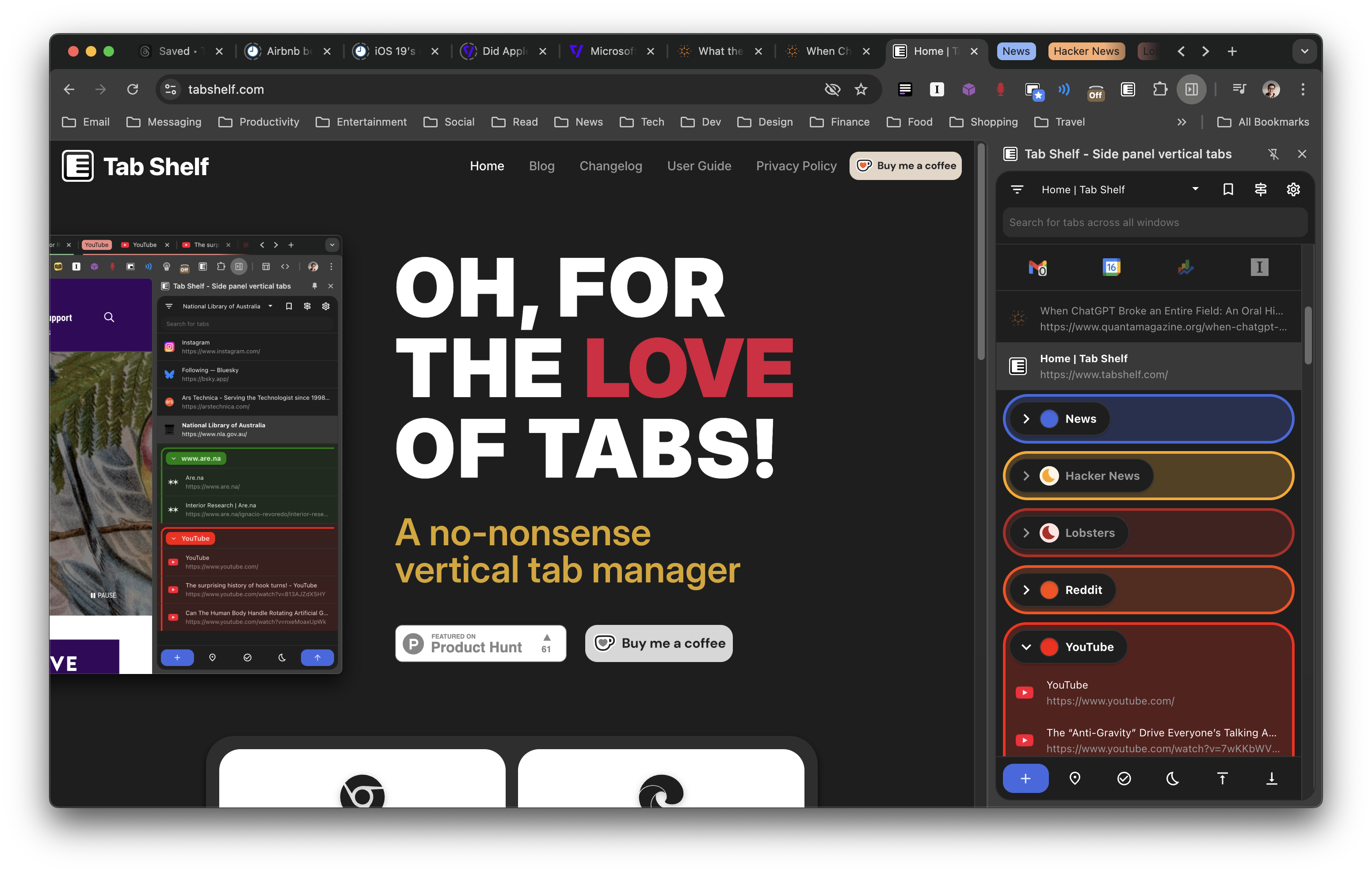 Screenshot of a Chrome window with Tab Shelf open in the side panel.